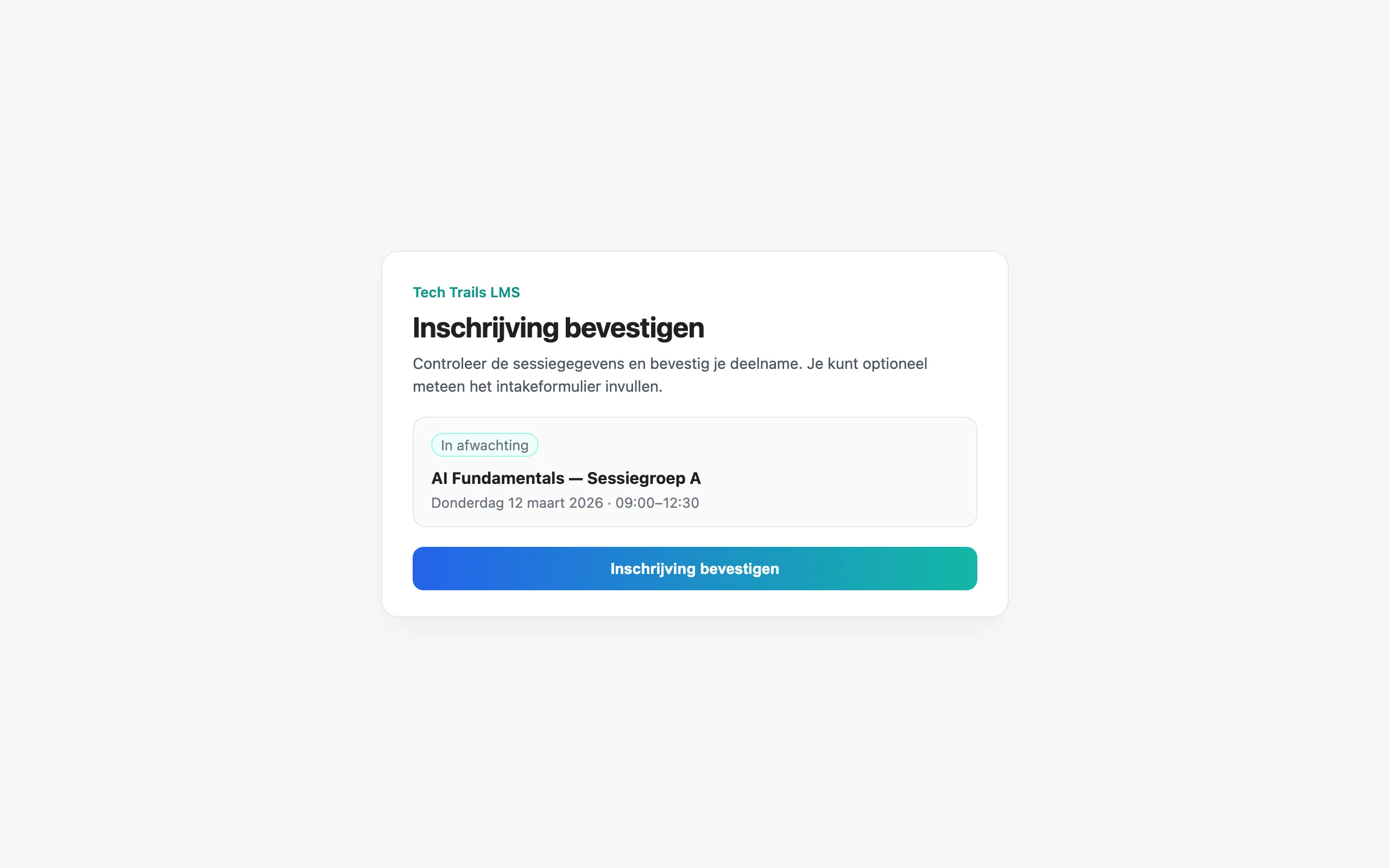 Pagina om een sessie-inschrijving te bevestigen