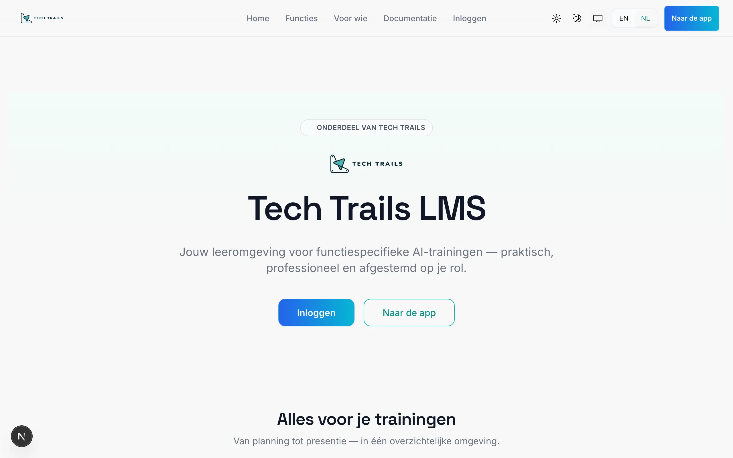 Startpagina van de Bitroot LMS met introductie en knoppen om in te loggen