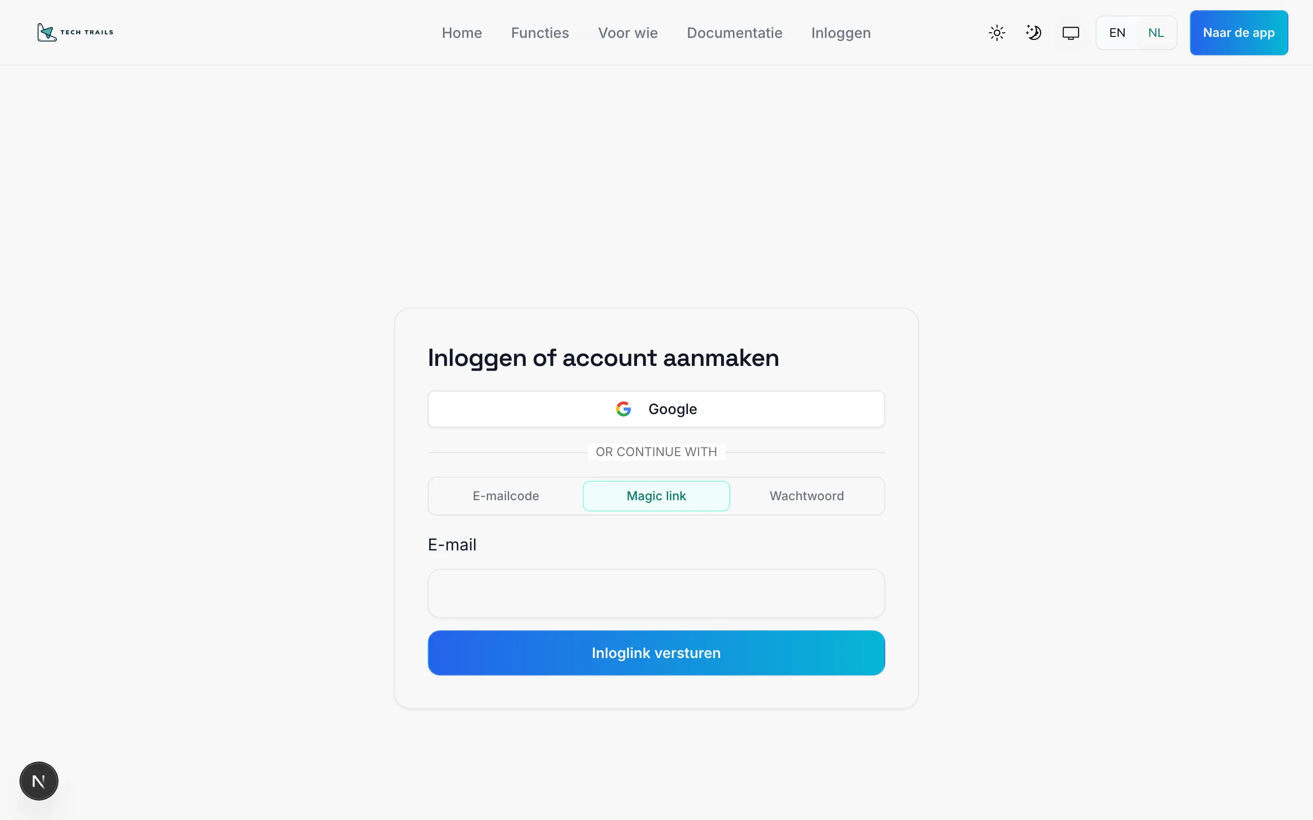 Inloggen met magic link: e-mailveld en knop om een inloglink te versturen